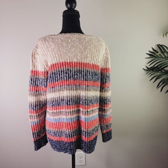 LL Bean Cotton Knitt Ragged Striped Marled Crewneck Pullover Sweater sz L - Picture 4 of 5